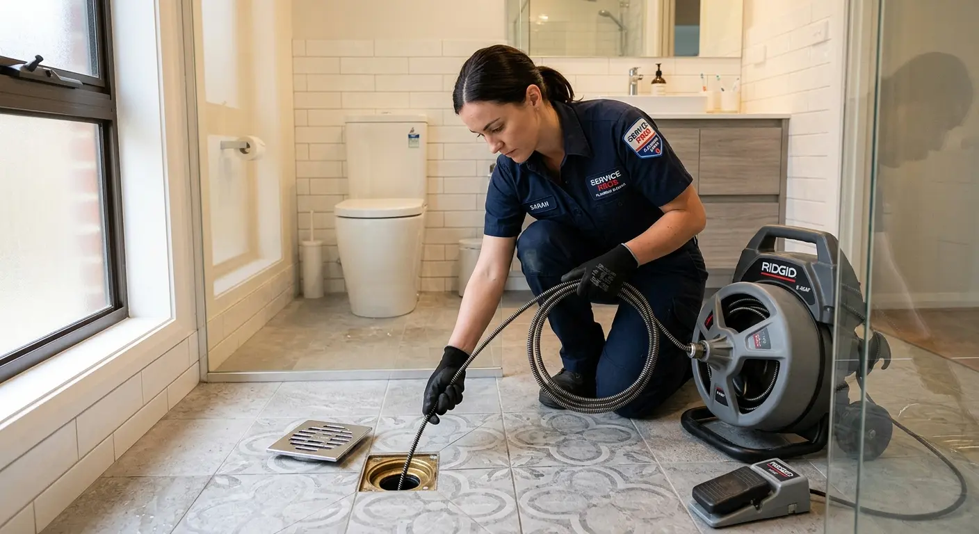 Technician clearing a bathroom floor drain for Sewer Line Replacement in Decatur